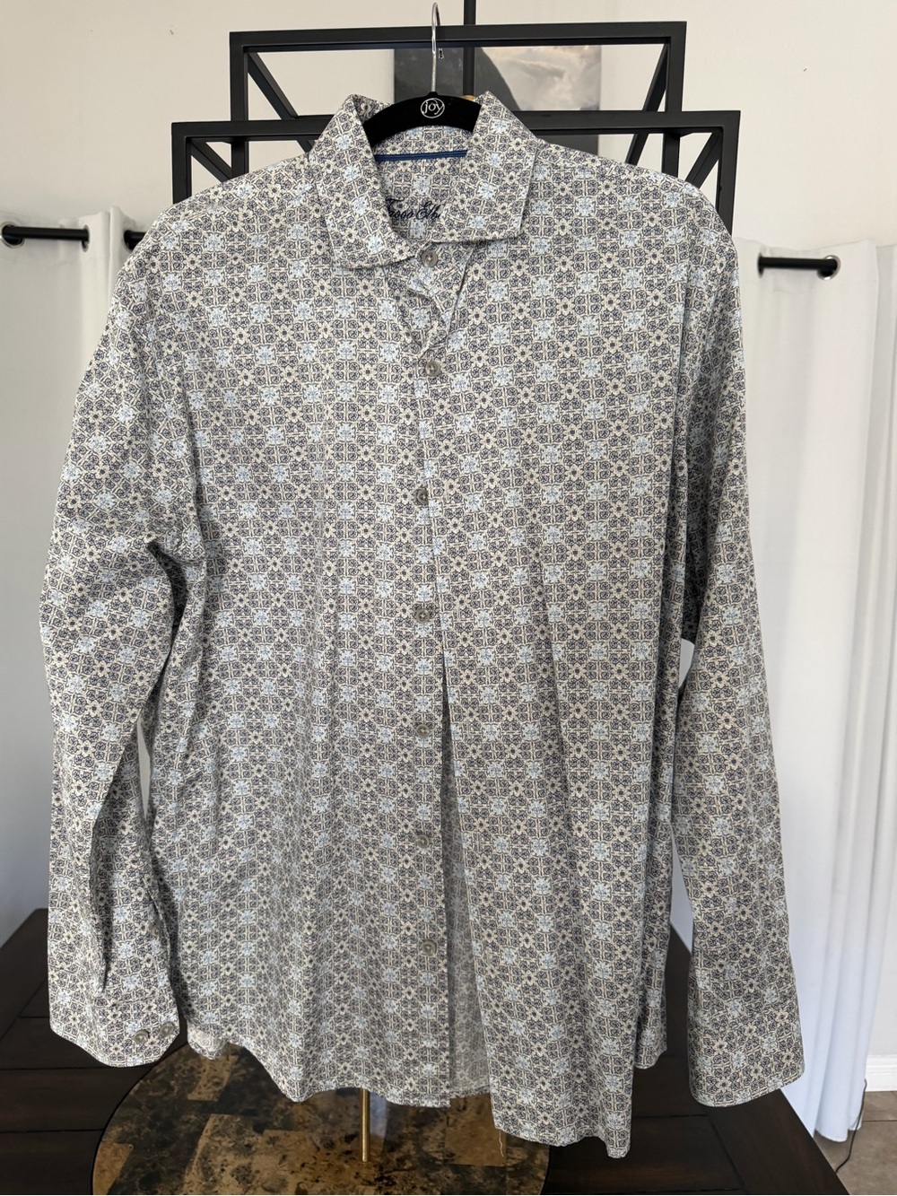 Tasso Elba Gray and White Geometric Long-Sleeve Button-Down Shirt
